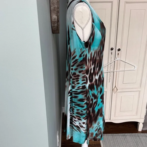 Sleeveless Teal & Brown Print V-neck Dress size - Picture 4 of 6